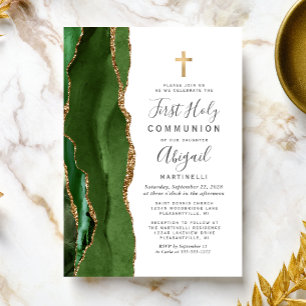  Green Agate Gold Glitter First Holy Communion Invitation