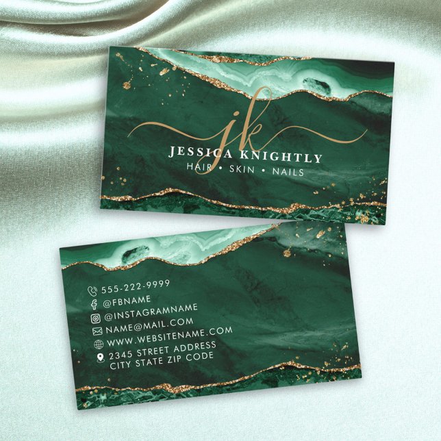 Green Agate Gold Glitter Script Monogram Business Card (Creator Uploaded)