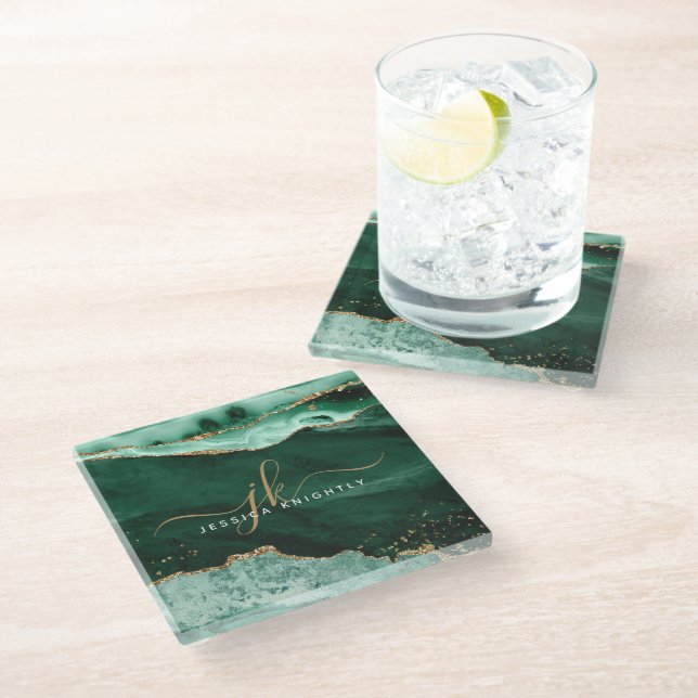 Green Agate Gold Glitter Script Monogram Glass Coaster (Angled)