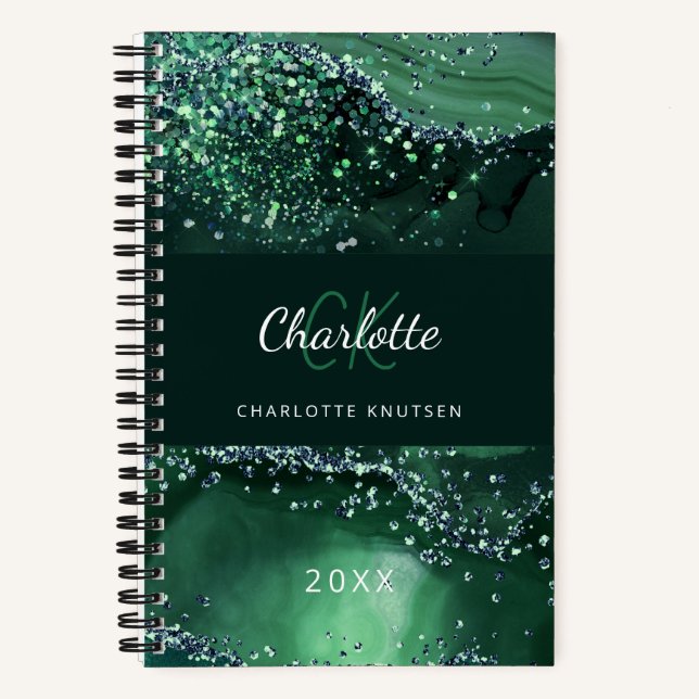 Green agate marble monogram initials name notebook (Front)