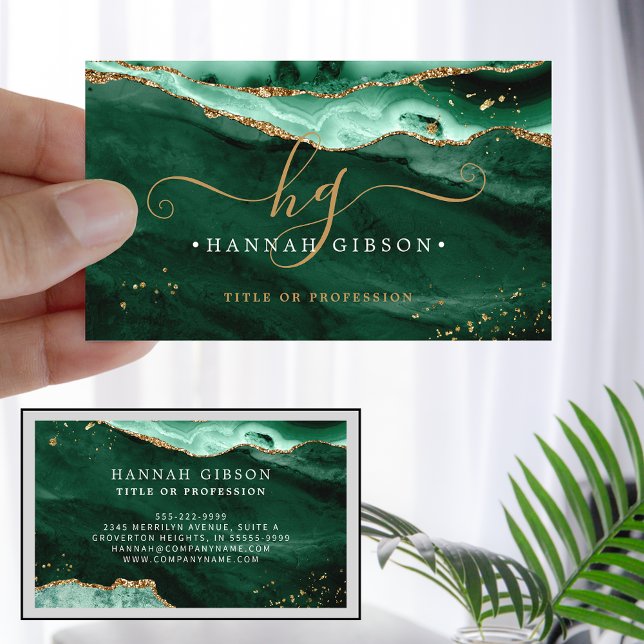 Green Agate Script Monogram Faux Gold Glitter Business Card (Creator Uploaded)