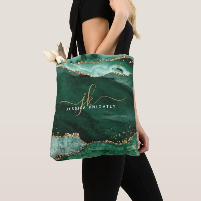 Green Agate Script Monogram Gold Glitter Tote Bag (Close Up)