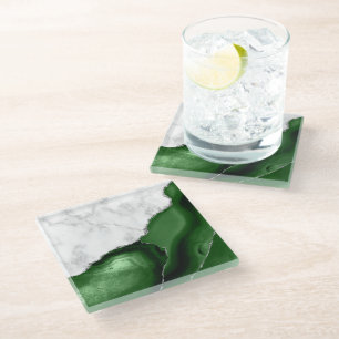Green Agate Silver Glitter White Faux Marble Glass Coaster