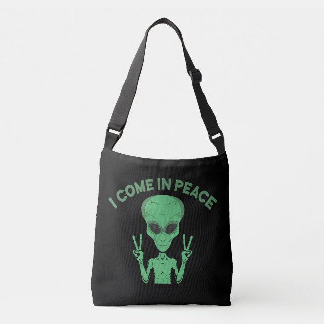 Green Alien I Come In Peace Extraterrestrial UFO Crossbody Bag (Front)