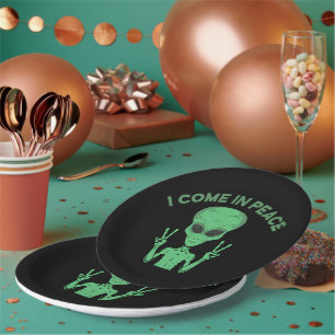 Green Alien I Come In Peace Extraterrestrial UFO Paper Plate