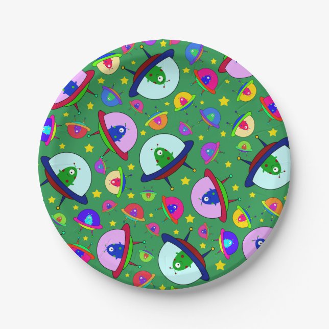 Green alien spaceship pattern paper plate (Front)