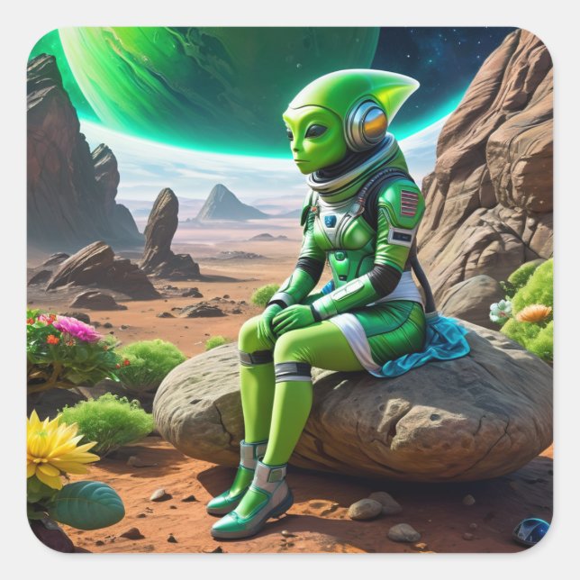 Green Alien Thinker Pose Square Sticker (Front)