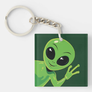 Green Alien Waving Cartoon Friendly Outer Space Keychain