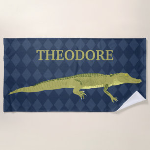 Green Alligator, Navy Blue Background Personalized Beach Towel