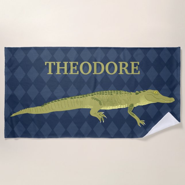 Green Alligator, Navy Blue Background Personalized Beach Towel (Front)