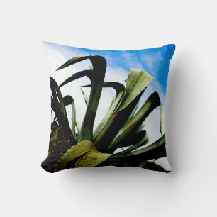 Green Aloe Plant with Bright Blue Sky Throw Pillow