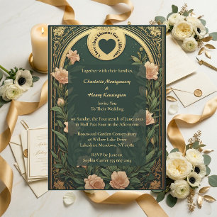 Green Alphonse Mucha Gold Ornate Lily Arch Wedding Invitation