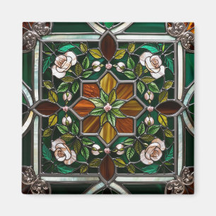 Green & Amber Rose Mandella Stained-Glass Look Magnet