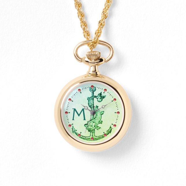GREEN ANCHOR WITH FISH NAUTICAL MONOGRAM Pink Gems Watch (Front)