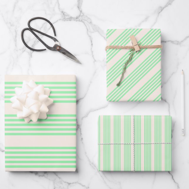 Green and beige five stripes pattern wrapping paper sheet (Front)