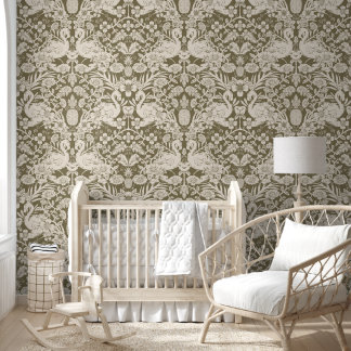 Green and Beige Flamingo Floral Damask Wallpaper