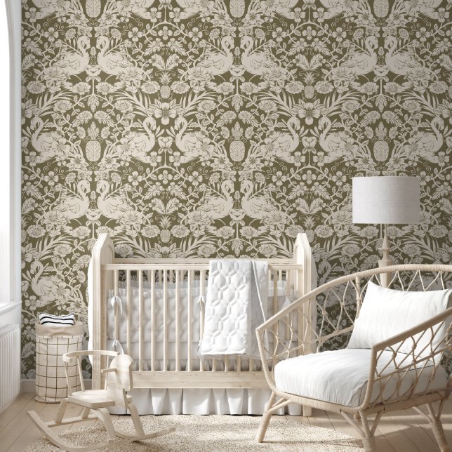 Green and Beige Flamingo Floral Damask Wallpaper (Kids)