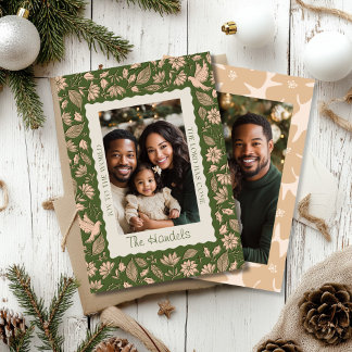 Green and Beige Folk Art Christmas Photo Holiday Card