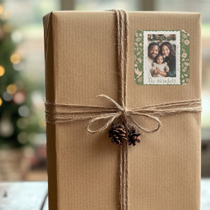 Green and Beige Folk Art Christmas Photo Square Sticker