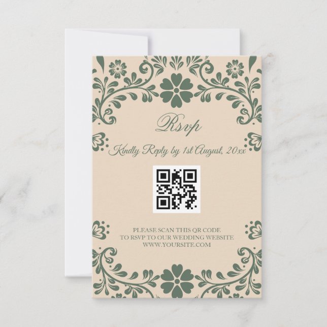 Green and Beige Greenery Wedding RSVP Card (Front)