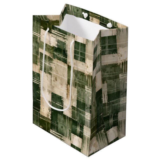 Green and Beige Grunge Plaid Medium Gift Bag (Front Angled)