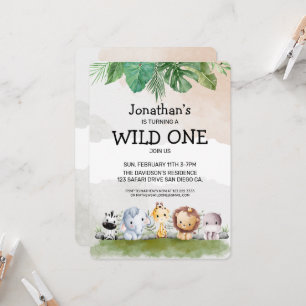 Green and beige safari wild one Birthday  Invitation
