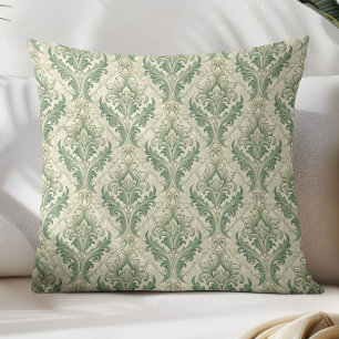 Green and Beige Vintage Botanical Flowers Pattern Throw Pillow