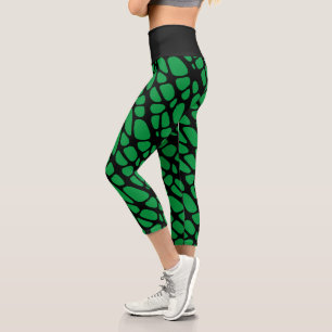 Green and Black Abstract Organic Skin Pattern Capri Leggings