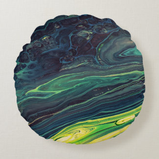 GREEN AND BLACK ABSTRACT PAINTING ROUND PILLOW