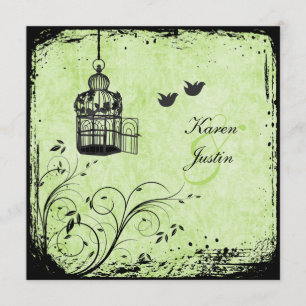 Green and Black Birdcage and Lovebirds Invitation