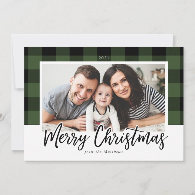 Green and Black Buffalo Check Christmas Photo Card (Front)