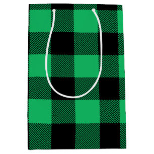 Green and Black Buffalo Check Gingham Holiday Medium Gift Bag