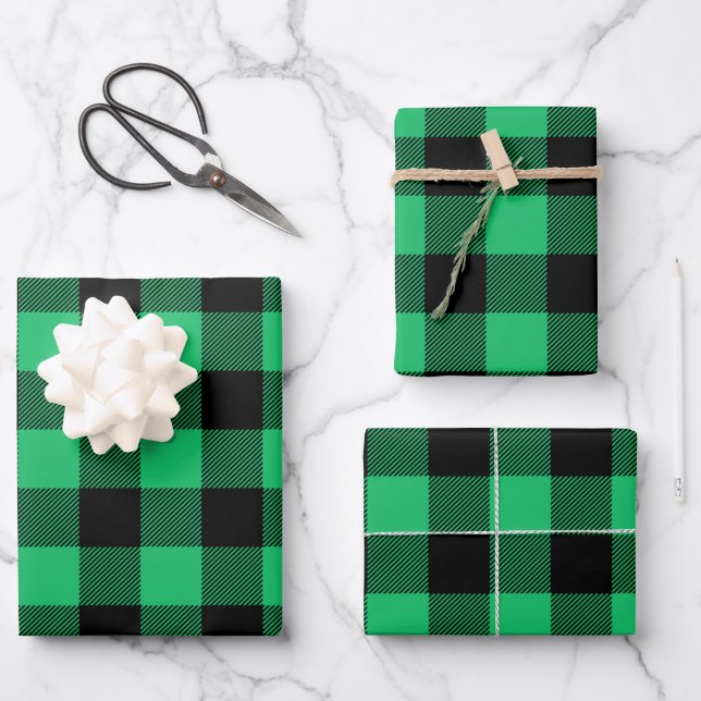 Green and Black Buffalo Check Gingham Holiday    W Wrapping Paper Sheet (Front)
