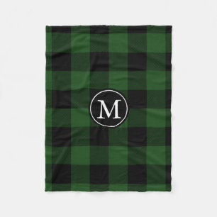 Green and Black Buffalo Check Monogram Fleece Blanket