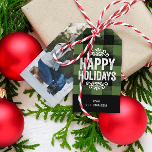 Green and Black Buffalo Check Rustic Holiday Photo Gift Tags
