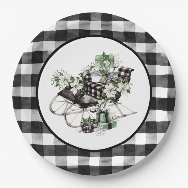 Green and Black Buffalo Check Sleigh and Packages Paper Plate (Front)