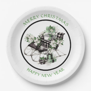 Green and Black Buffalo Check Sleigh and Packages  Paper Plate