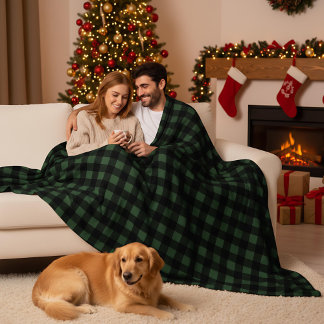 Green and Black Buffalo Plaid Christmas Check Fleece Blanket