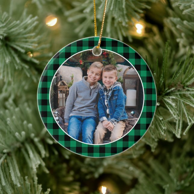 Green and Black Buffalo Plaid Custom Holiday Photo Ceramic Ornament (Tree)