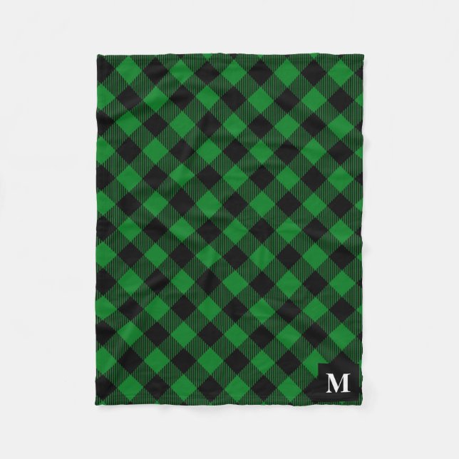 Green and Black Buffalo Plaid Monogram Fleece Blanket (Front)