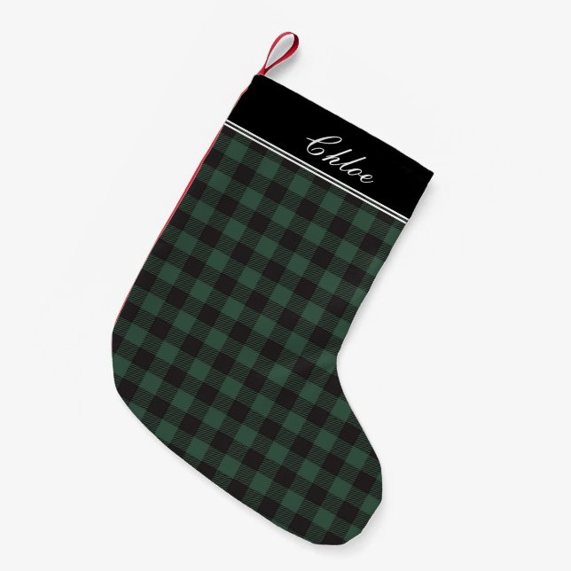 Green and Black Buffalo Plaid Pattern Personalized Small Christmas Stocking (Front (Hanging))