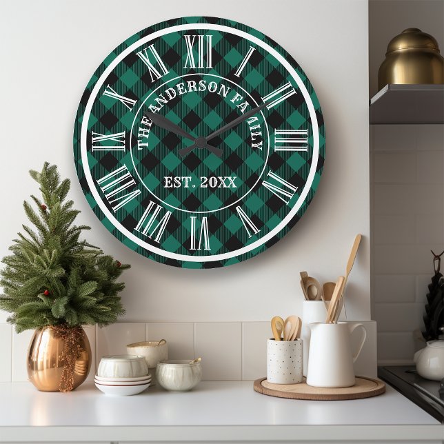 Green And Black Buffalo Plaid Rustic Roman Numeral Large Clock (Creator Uploaded)