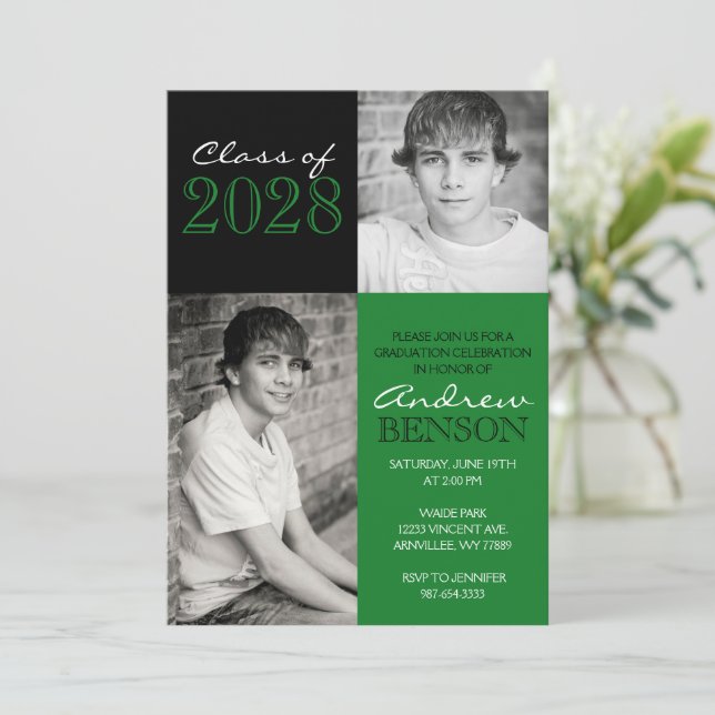 Green and Black Classic 2 Photo Graduation Invitation (Standing Front)