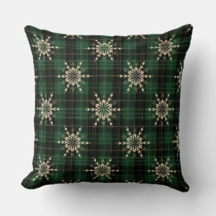 Green and Black Cozy Christmas Plaid & Snowflakes Throw Pillow