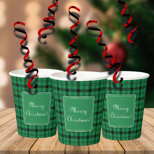 Green and Black Cozy Plaids Merry Christmas Paper Cups