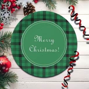 Green and Black Cozy Plaids Merry Christmas Paper Plate