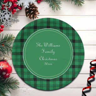 Green and Black Cozy Plaids Name Paper Plate