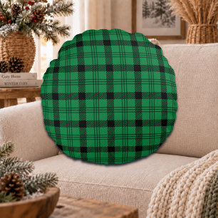 Green and Black Cozy Plaids Round Pillow