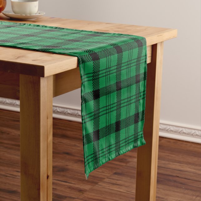 Green and Black Cozy Plaids Short Table Runner (In Situ)
