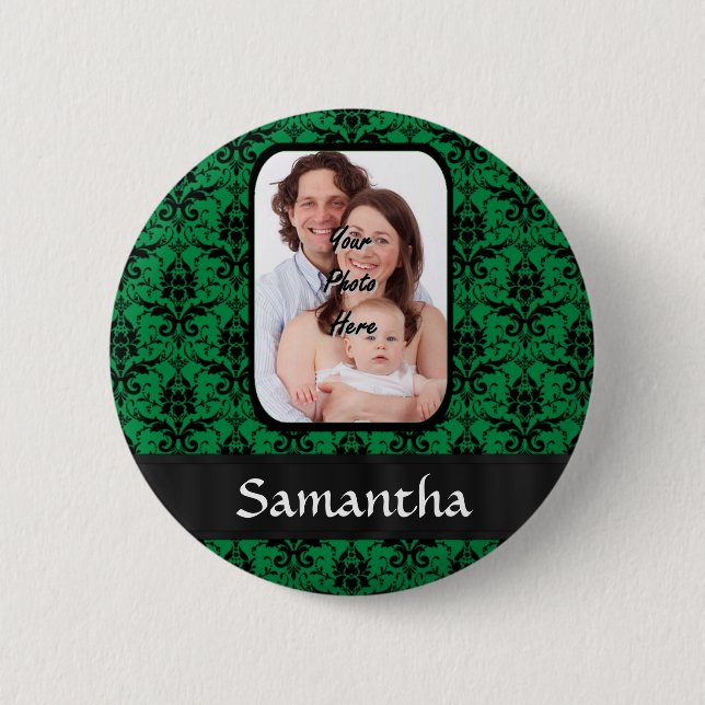 Green and black damask 2 inch round button (Front)